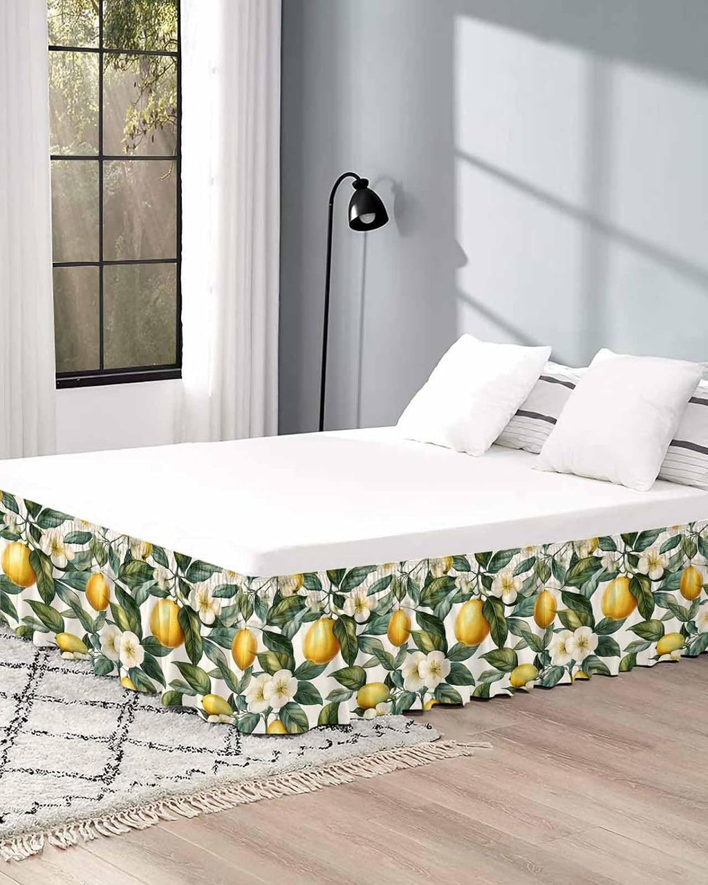 Watercolor Lemon Bed Skirt Queen Size 16 Inch Drop, Adjustable Elastic Wrap Around Bed Skirts Easy Fitting Dust Ruffle Bedskirt Bed Frame Cover Green Yellow Fruit Country Flower