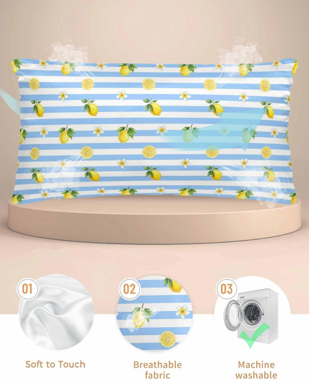 Summer Fruit Satin Pillowcase for Hair and Skin, Yellow Lemon Rustic Flower Plate Blue Stripes Silky Pillow Cases Standard Size with Zipper 1 Pack Soft Cooling Pillow Cover for Women Men, 20''x40''