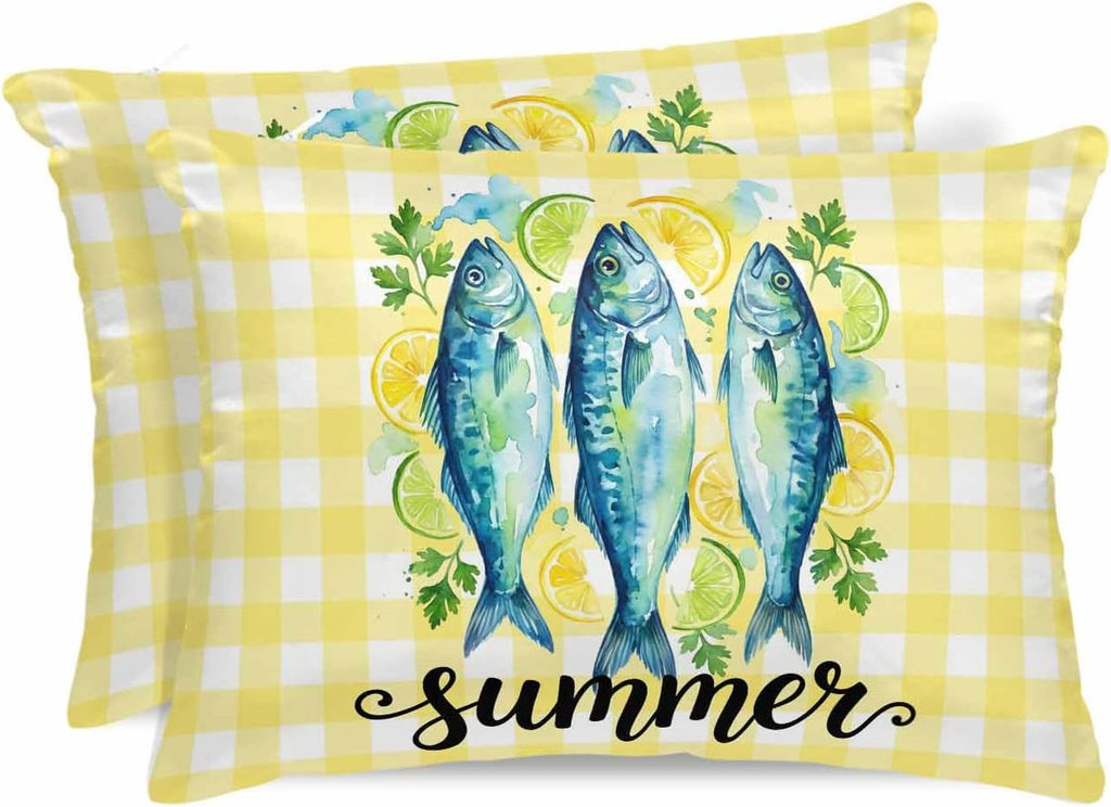 Summer Fish Standard Pillowcase Set of 2, Farmhouse Yellow Lemon Stripes Satin Pillow Case Cover with Smooth Hidden Zipper Closure, Soft Throw Pillow Covers Cases for Home Decoration 20 X 26 Inches