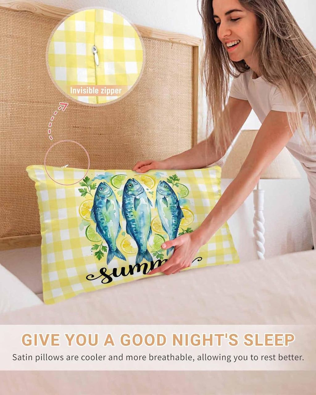 Summer Fish Standard Pillowcase Set of 2, Farmhouse Yellow Lemon Stripes Satin Pillow Case Cover with Smooth Hidden Zipper Closure, Soft Throw Pillow Covers Cases for Home Decoration 20 X 26 Inches