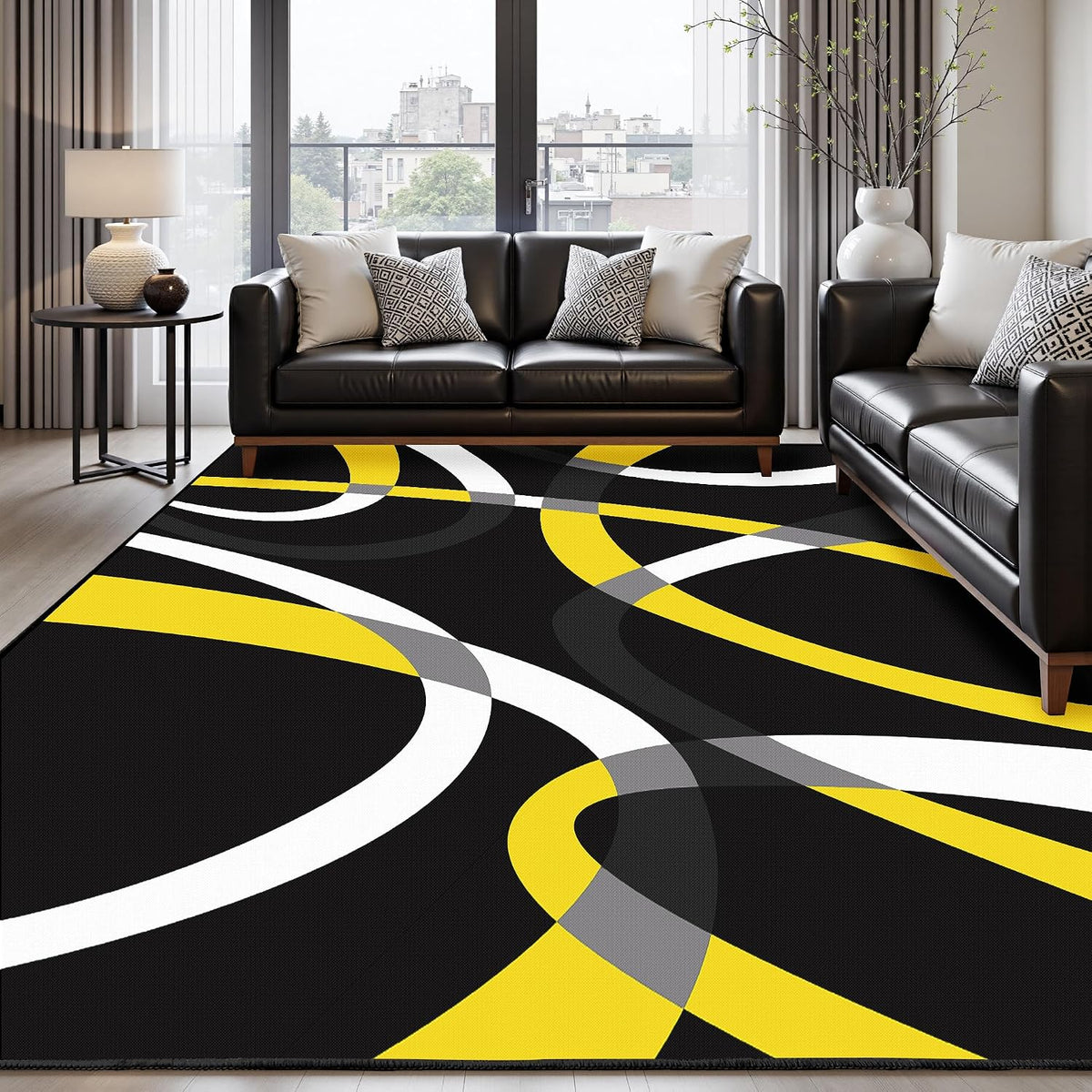 Classical Modern Black and Yellow Stripe Pattern Area Rug for Living Room 5x7 Outdoor Rug Non Slip&Non-Shedding Low Pile Indoor Large Carpets for Bedroom, Dining Room, Home Office, Bathroom