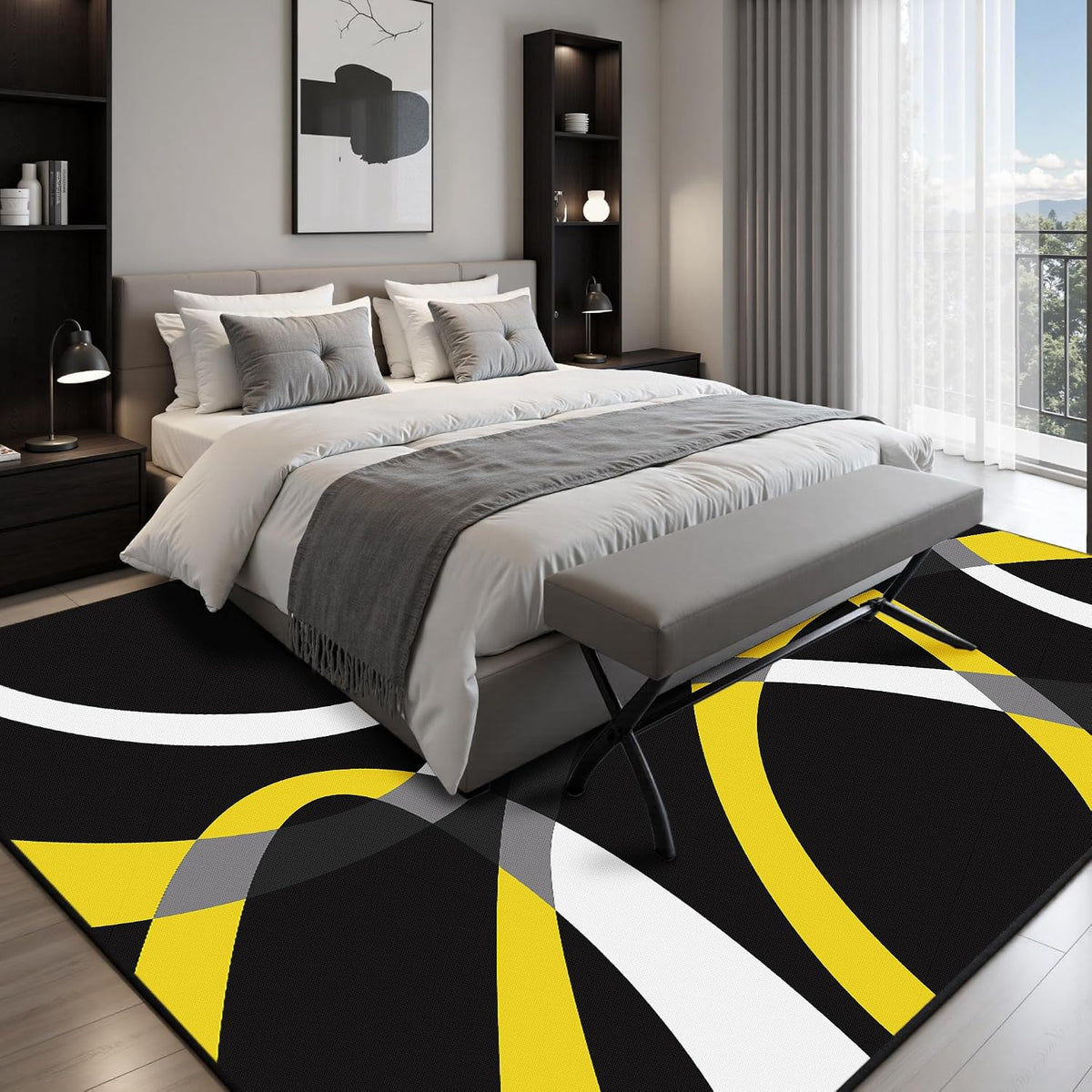 Classical Modern Black and Yellow Stripe Pattern Area Rug for Living Room 5x7 Outdoor Rug Non Slip&Non-Shedding Low Pile Indoor Large Carpets for Bedroom, Dining Room, Home Office, Bathroom