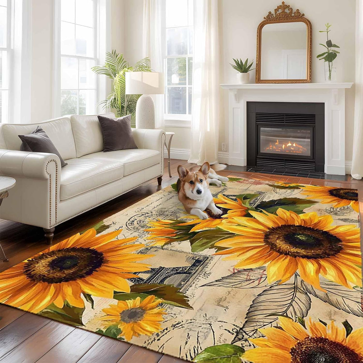 Large Sunflower Area Rugs for Bedroom Living Room, Vintage Yellow Non Slip Carpet Bedside Rug, Watercolor Retro Floral Plant Rectangular Floor Cover Kitchen Accent Rug 6'x9' for Dining Room/Office