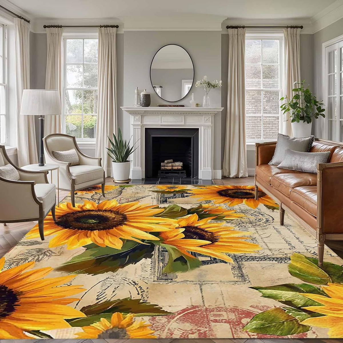 Large Sunflower Area Rugs for Bedroom Living Room, Vintage Yellow Non Slip Carpet Bedside Rug, Watercolor Retro Floral Plant Rectangular Floor Cover Kitchen Accent Rug 6'x9' for Dining Room/Office
