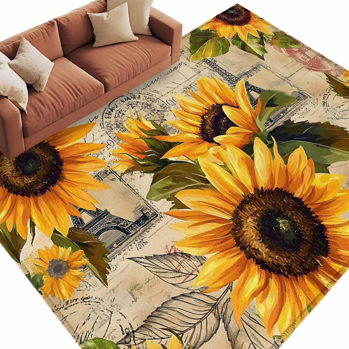 Large Sunflower Area Rugs for Bedroom Living Room, Vintage Yellow Non Slip Carpet Bedside Rug, Watercolor Retro Floral Plant Rectangular Floor Cover Kitchen Accent Rug 6'x9' for Dining Room/Office