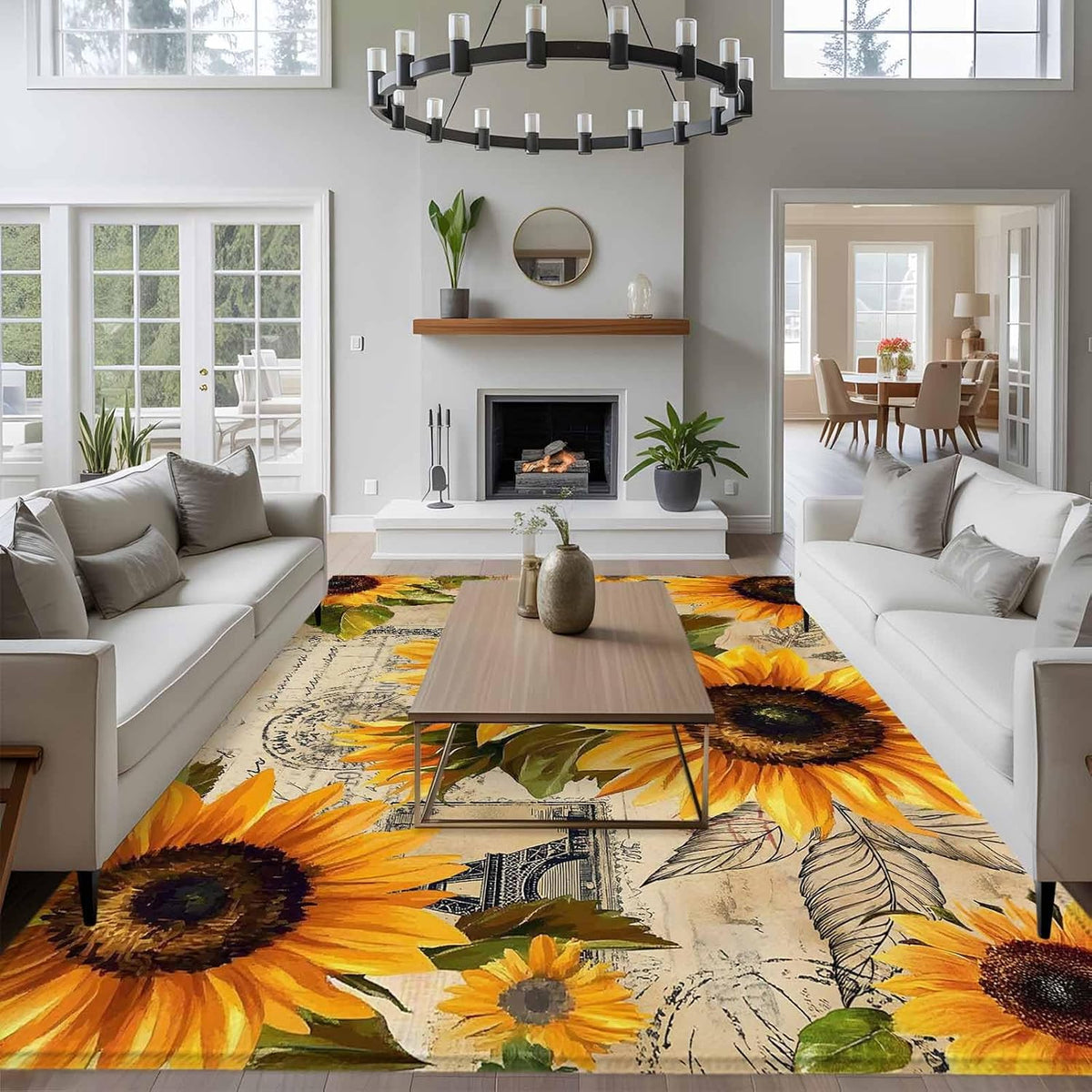 Large Sunflower Area Rugs for Bedroom Living Room, Vintage Yellow Non Slip Carpet Bedside Rug, Watercolor Retro Floral Plant Rectangular Floor Cover Kitchen Accent Rug 6'x9' for Dining Room/Office