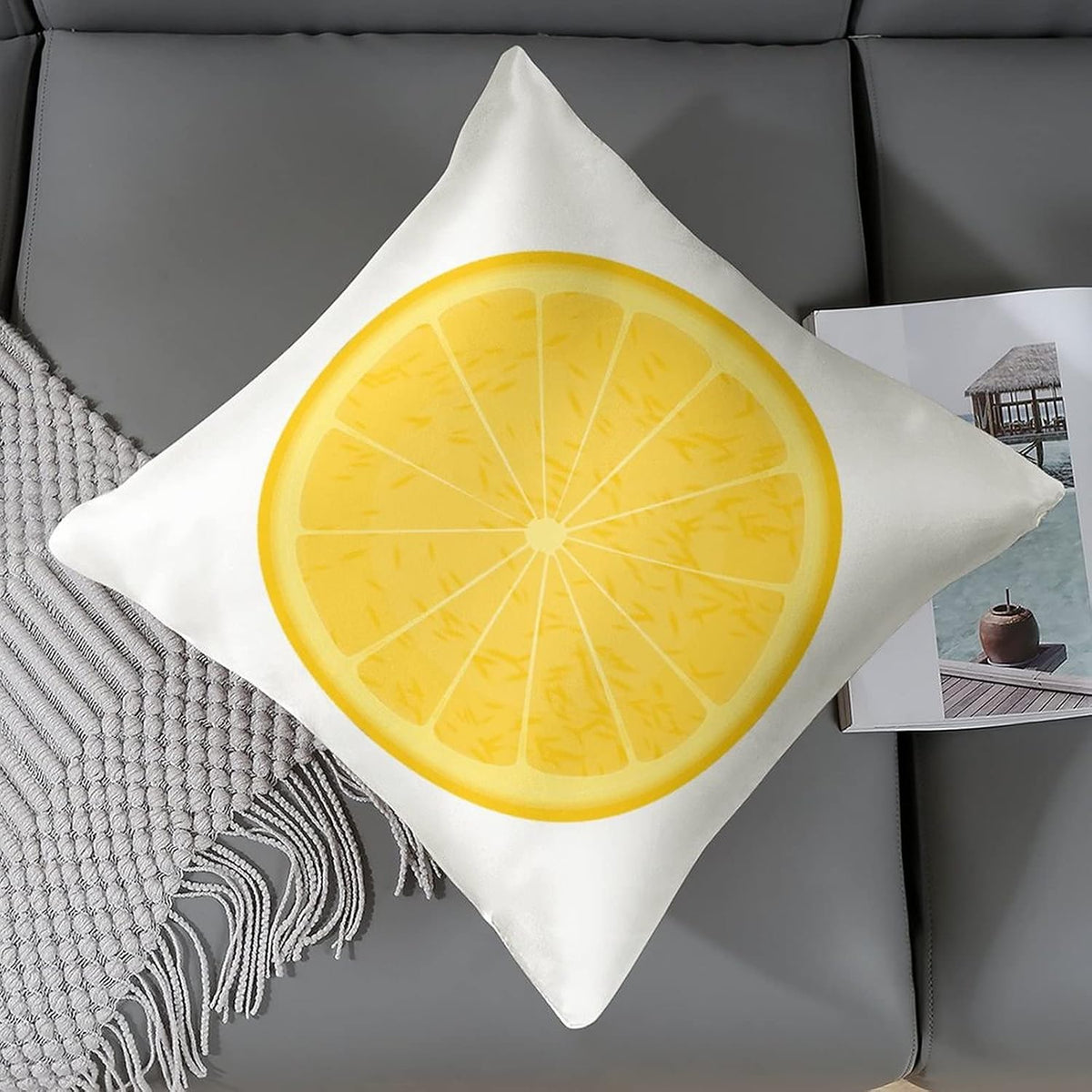 Big Pillows for Bed 16"x16" Lemon Slices Satin Cushion Covers Lemon Fruit Yellow Summer Throw Pillow Cover Square Zippered Pillowcase for Couch Sofa Bedroom Car Living Room