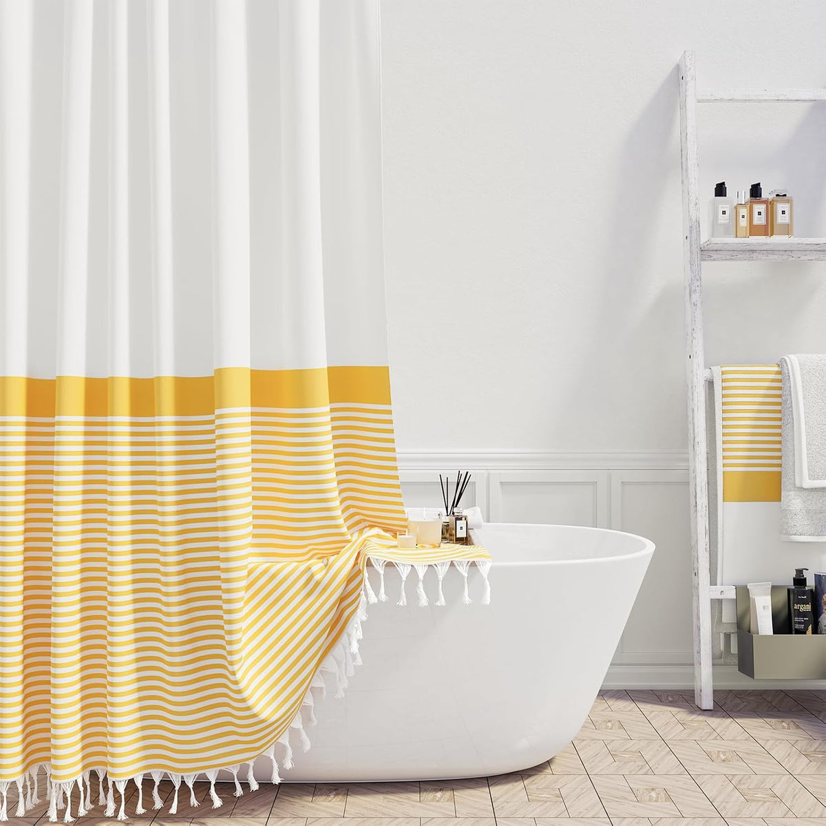 Stall Fabric Shower Curtain, 54x78 Modern Farmhouse Yellow and White Boho Striped Cloth Shower Curtain with Tassels, Hotel Luxury Bathroom Shower Curtain Set with 10 Hooks, Yellow, 54x78
