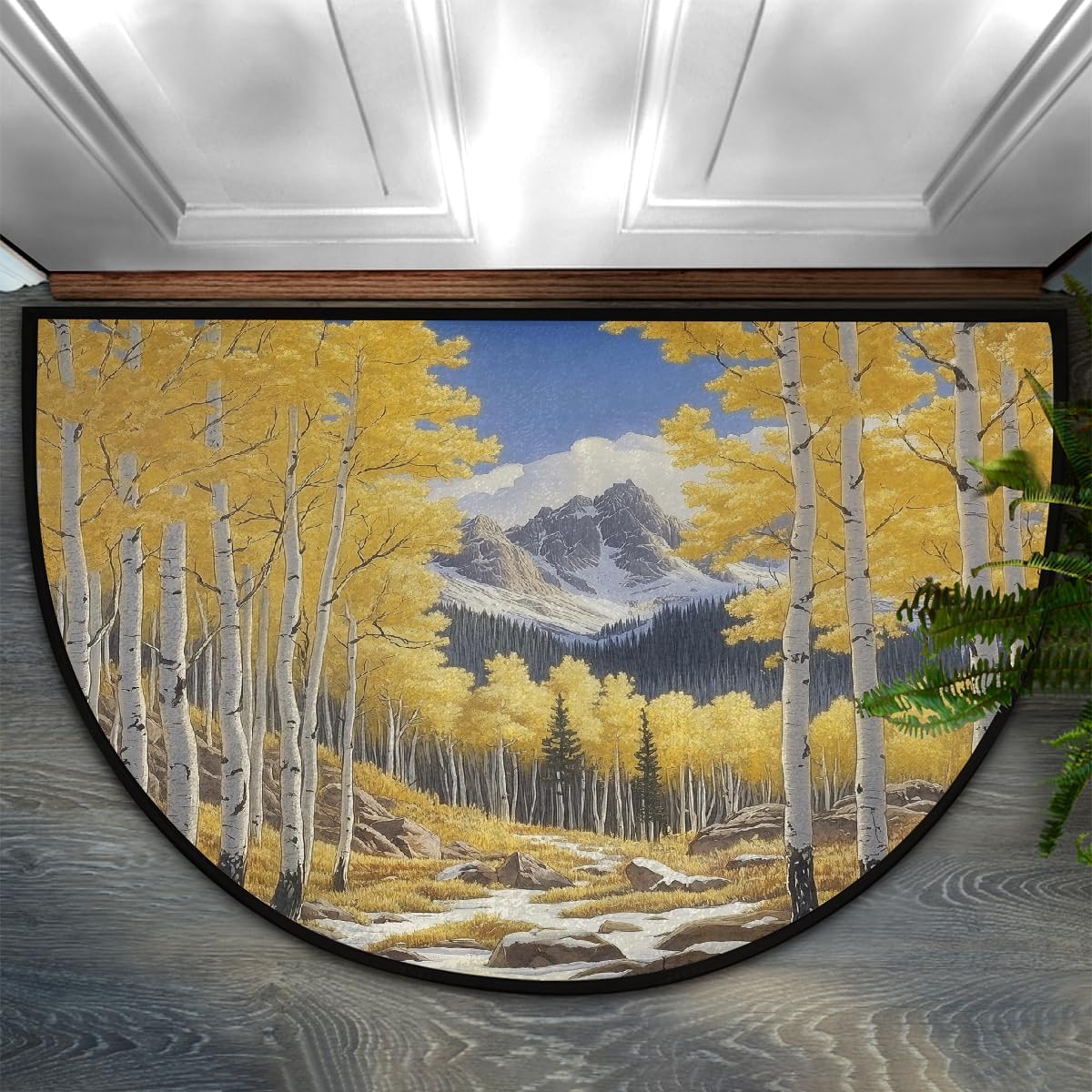 Yellow Forest Mountain Winter Half Round Door Mat 24x36 Inch Non Slip Half Circle Area Rug Washable Half Moon Bathroom Rugs Semi Circle Carpet for Indoor Outdoor Home Decor