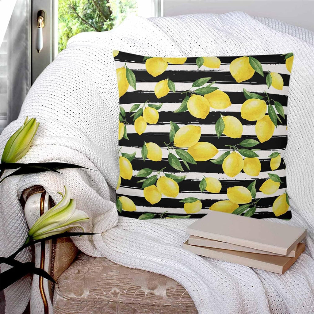 Yellow Lemon 2PCS Throw Pillow Covers for Couch Sofa Bed, Summer Fruit Black Striped Pillow Covers 18x18 inch, Standard Pillowcases Set Decorative Cushion Covers for Living Room Bedroom