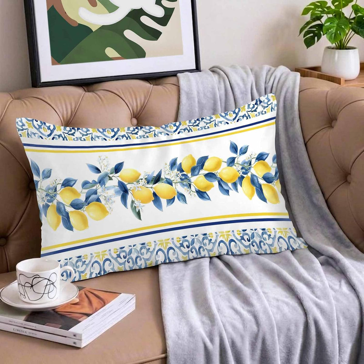 Lemon Floral Satin Pillowcase for Hair and Skin, Moroccan Lemon Yellow Blue Stripes Floral Silky Pillow Cases Standard Size with Zipper 1 Pack Soft Cooling Pillow Cover for Women Men, 20''x40''