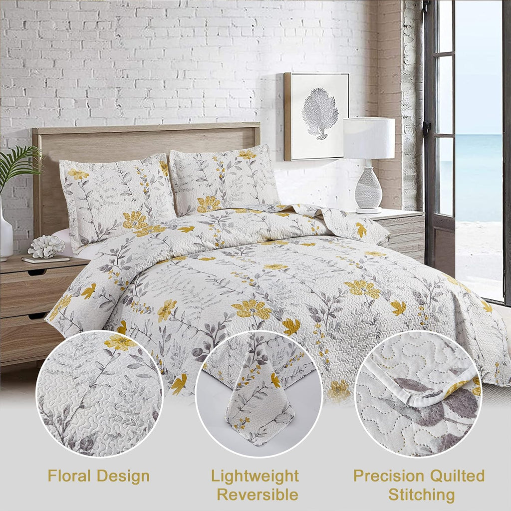 Grey Leaf Yellow Floral Twin Quilt Set - Bedspread, Coverlet, Pillow Shams - Lightweight, Reversible, Spring/Summer