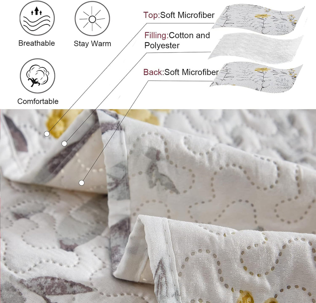 Grey Leaf Yellow Floral Twin Quilt Set - Bedspread, Coverlet, Pillow Shams - Lightweight, Reversible, Spring/Summer