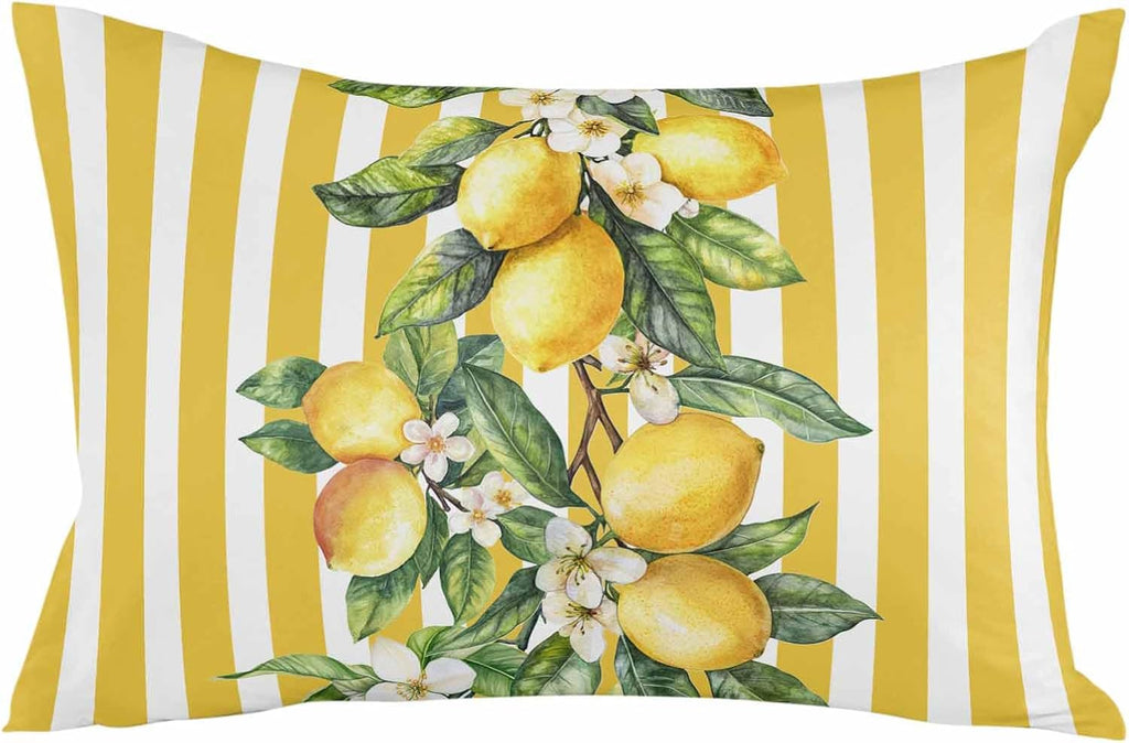 Satin Pillowcase Standard Pillow Cover 20 x 26 Inch Summer Lemon Flowers Leaves Yellow White Stripes Lumbar Pillow Cases Rectangular Decorative Pillow Shams for Bed Sofa Guest Room
