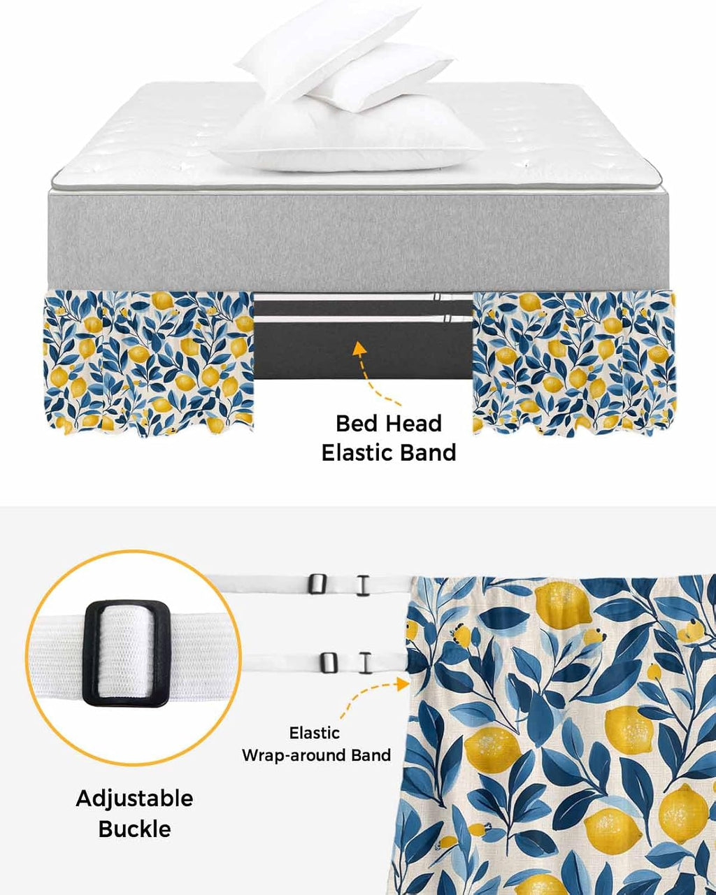Lemon Bed Skirt Queen Size 16 Inch Drop, Adjustable Elastic Wrap Around Bed Skirts Easy Fitting Dust Ruffle Bedskirt Bed Frame Cover Watercolor Yellow Blue Fruit Branch Flower
