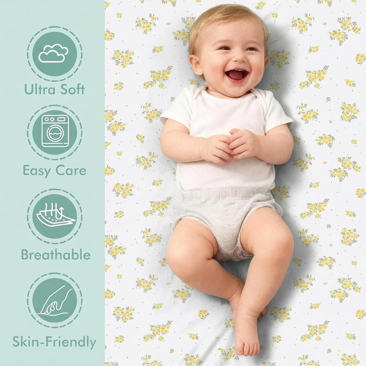 4 Pack Stretchy Bassinet Sheets 20" x 35" Compatible with Newton, Ezebaby, Angelbliss, AMKE(3 in 1) & Other Large Bedside Sleeper - Soft Breathable Fitted Bassinet Sheets - Light Floral Yellow