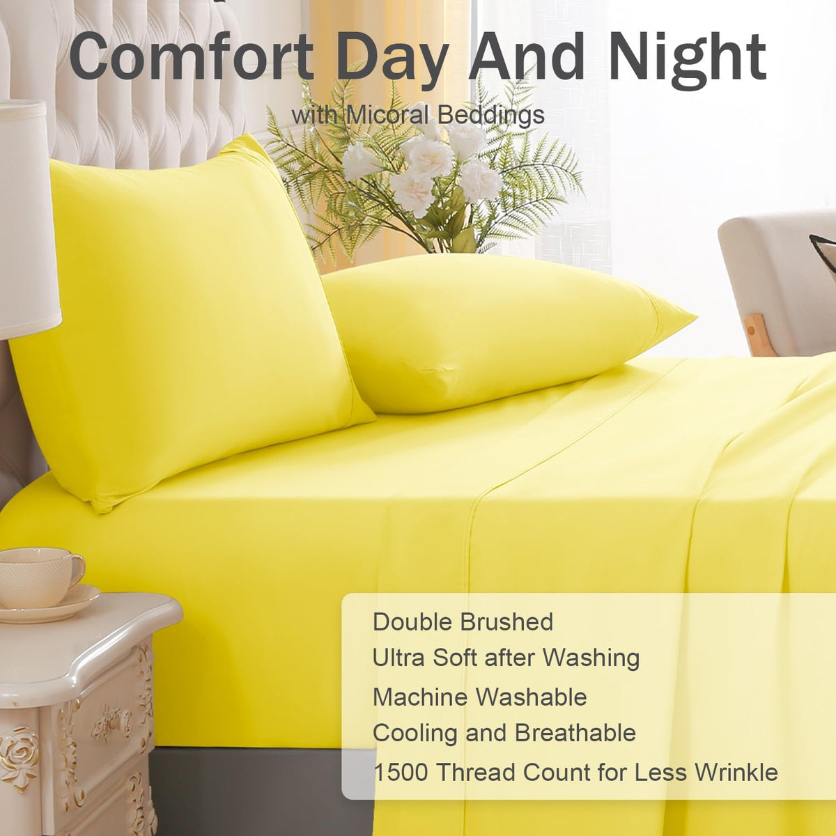MICORAL Queen Bed Sheets Set, Soft Breathable Bedding Sheet Set, Sheets Set with 16" Deep Pocket Design (4 Pieces, Queen, Yellow)