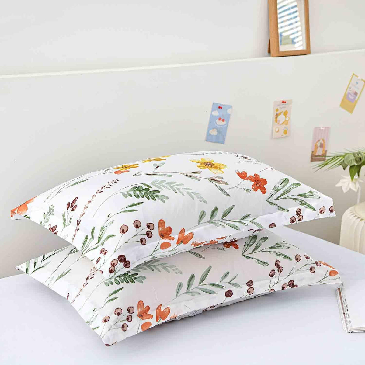 Floral Pillow Case Set (2 Pack), White Green Yellow Flower Leaf Spring Botanical Pattern Printed Farmhouse Soft Bedroom Decor Pillowcases/Pillow Shams - 20x30 inch Standard Queen Size