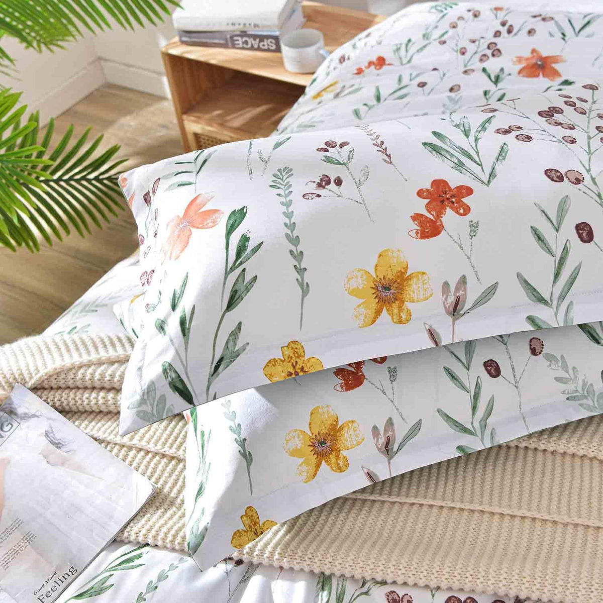 Floral Pillow Case Set (2 Pack), White Green Yellow Flower Leaf Spring Botanical Pattern Printed Farmhouse Soft Bedroom Decor Pillowcases/Pillow Shams - 20x30 inch Standard Queen Size