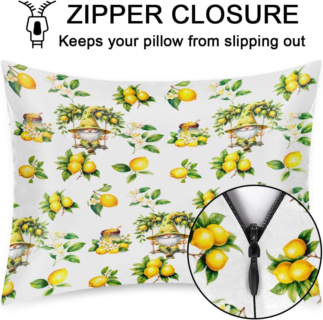 Satin Pillowcase for Hair and Skin Flower Yellow Lemon Soft Slip Cooling Pillow Covers with Hidden Zipper Standard Size Pillow Case for Bed Couch Women Men Kids Girls Boys 20x26in