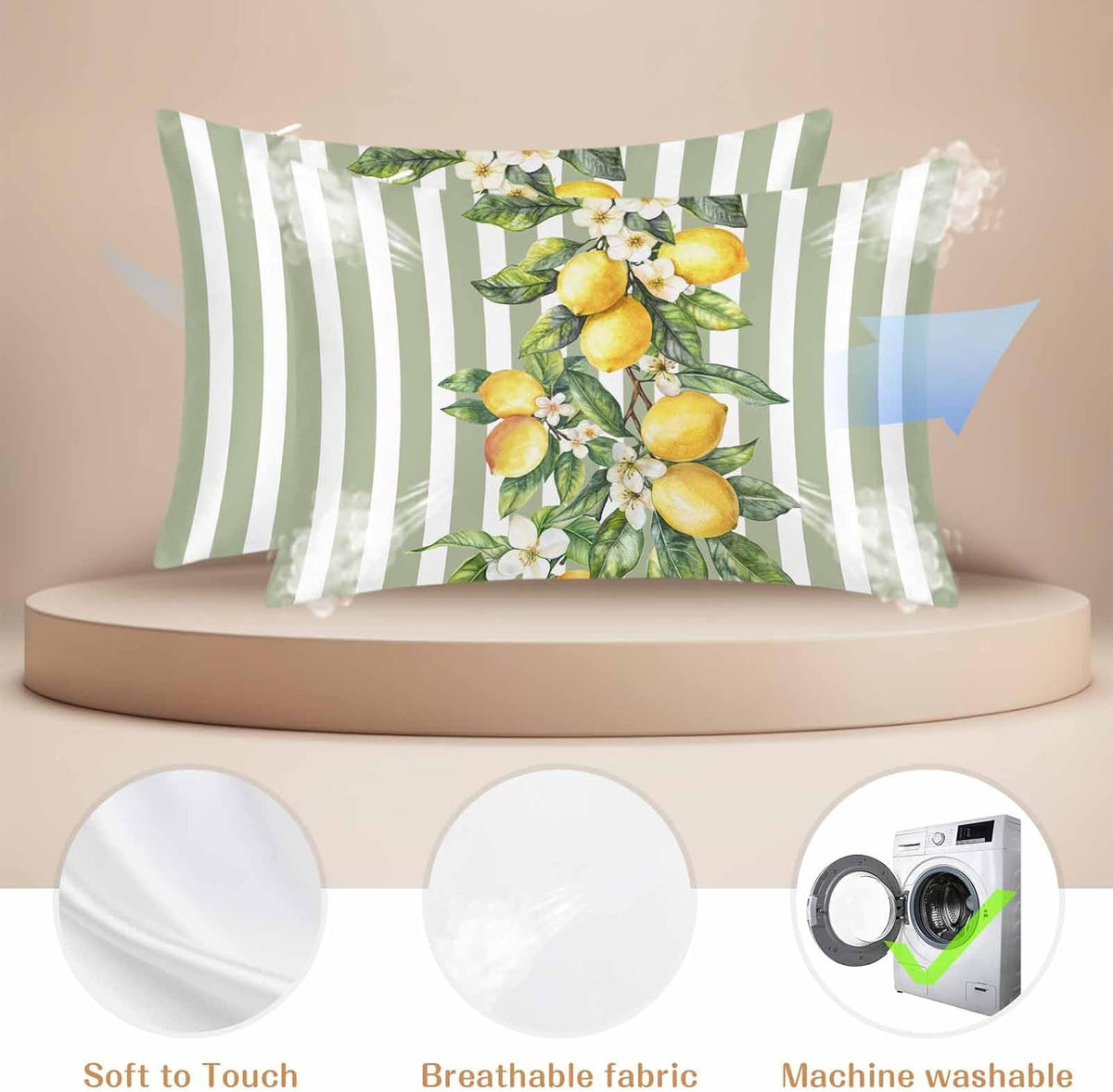 Retro Yellow Lemon Standard Pillowcase Set of 2, Sage Green Stripe Satin Pillow Case Cover with Smooth Hidden Zipper Closure, Soft Throw Pillow Covers Cases for Home Decoration 20 X 26 Inches