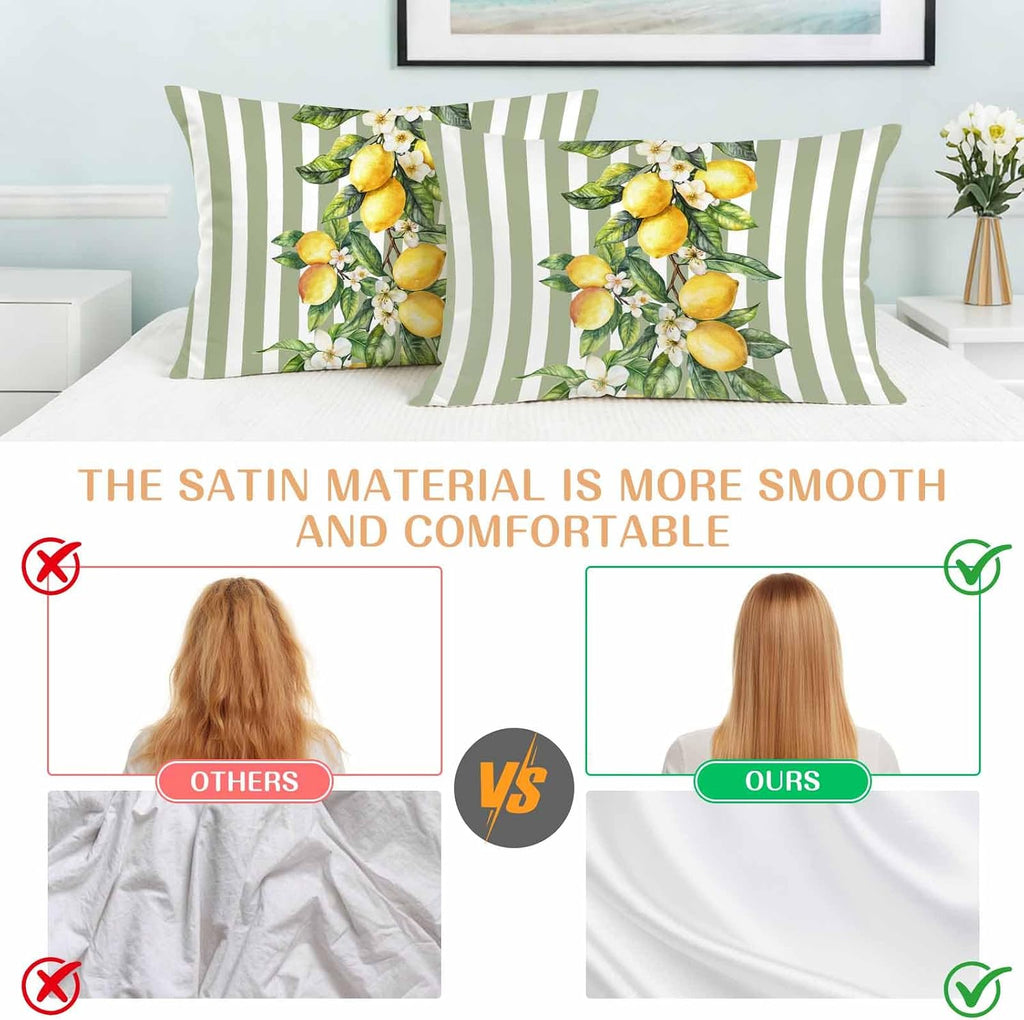 Retro Yellow Lemon Standard Pillowcase Set of 2, Sage Green Stripe Satin Pillow Case Cover with Smooth Hidden Zipper Closure, Soft Throw Pillow Covers Cases for Home Decoration 20 X 26 Inches