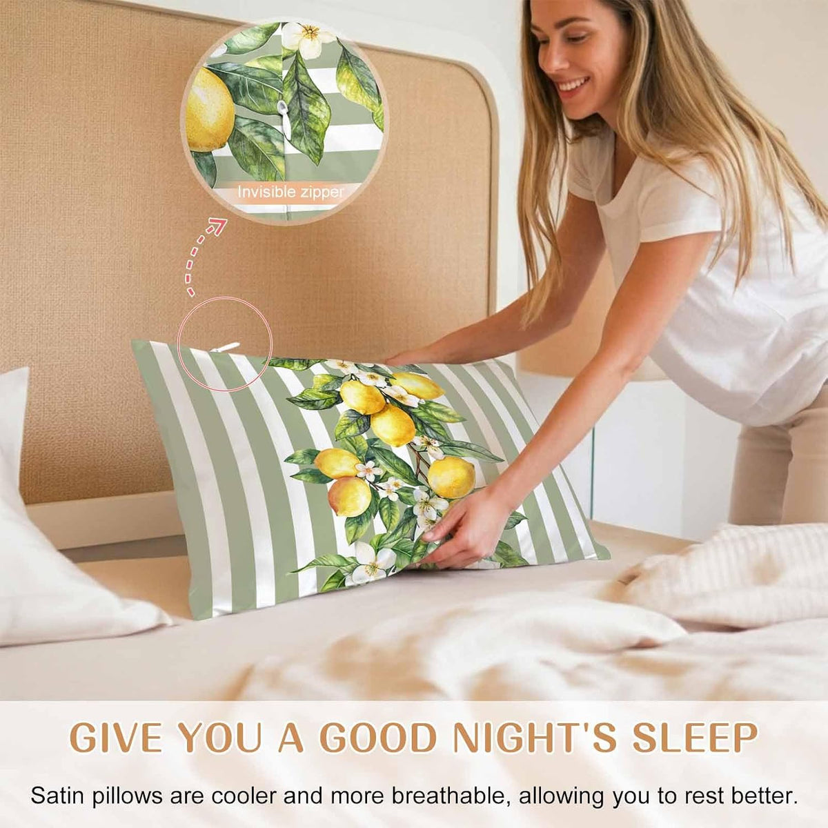 Retro Yellow Lemon Standard Pillowcase Set of 2, Sage Green Stripe Satin Pillow Case Cover with Smooth Hidden Zipper Closure, Soft Throw Pillow Covers Cases for Home Decoration 20 X 26 Inches