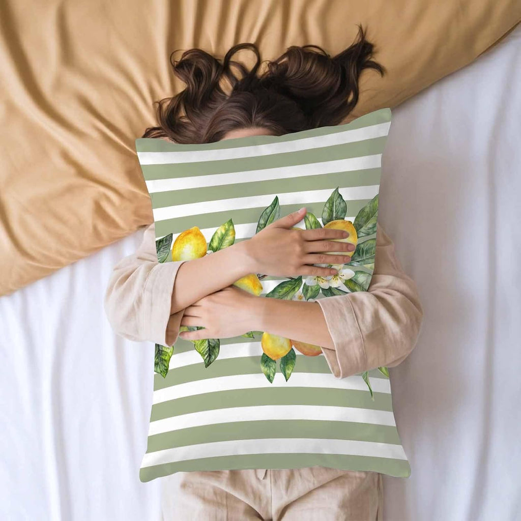 Retro Yellow Lemon Standard Pillowcase Set of 2, Sage Green Stripe Satin Pillow Case Cover with Smooth Hidden Zipper Closure, Soft Throw Pillow Covers Cases for Home Decoration 20 X 26 Inches