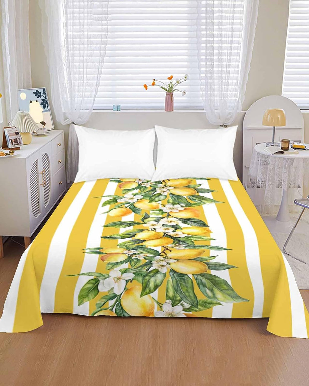 Twin Size Top Sheet Only, Classical Yellow Stripes Lemon Flat Sheet Microfiber Breathable Soft Bed Sheet, Retro Vertical Bar Arrangement Hotel Bedding Flat Sheets for Bedroom