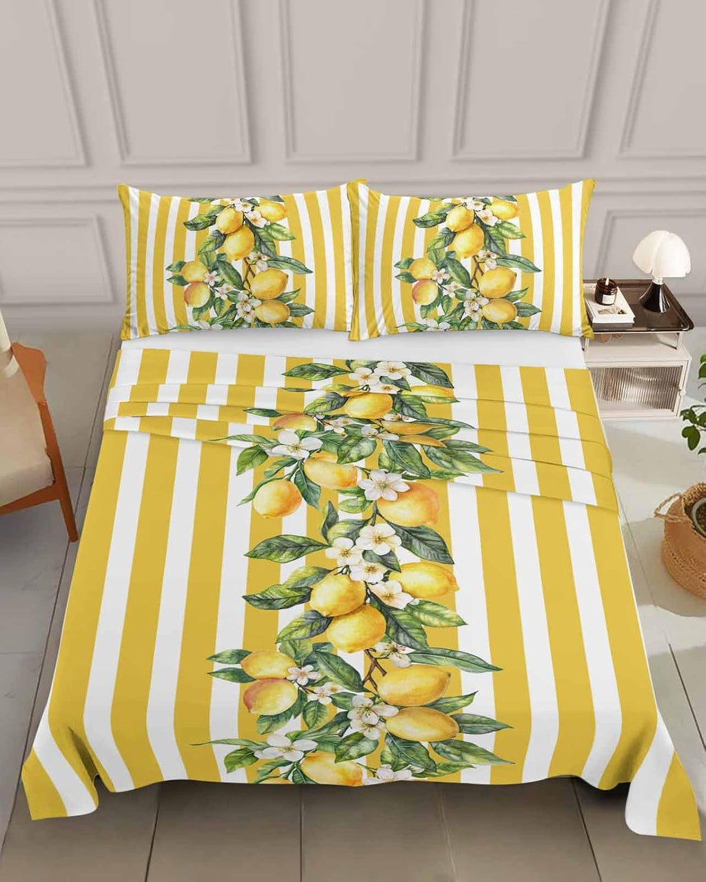 Twin Size Top Sheet Only, Classical Yellow Stripes Lemon Flat Sheet Microfiber Breathable Soft Bed Sheet, Retro Vertical Bar Arrangement Hotel Bedding Flat Sheets for Bedroom