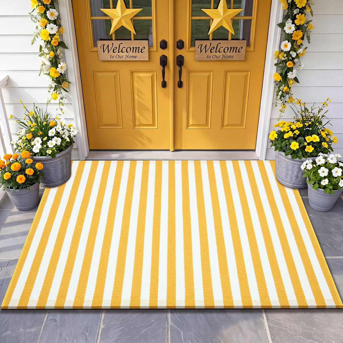 3' X 5' Yellow and White Fall Vertical Stripe Outdoor Rug