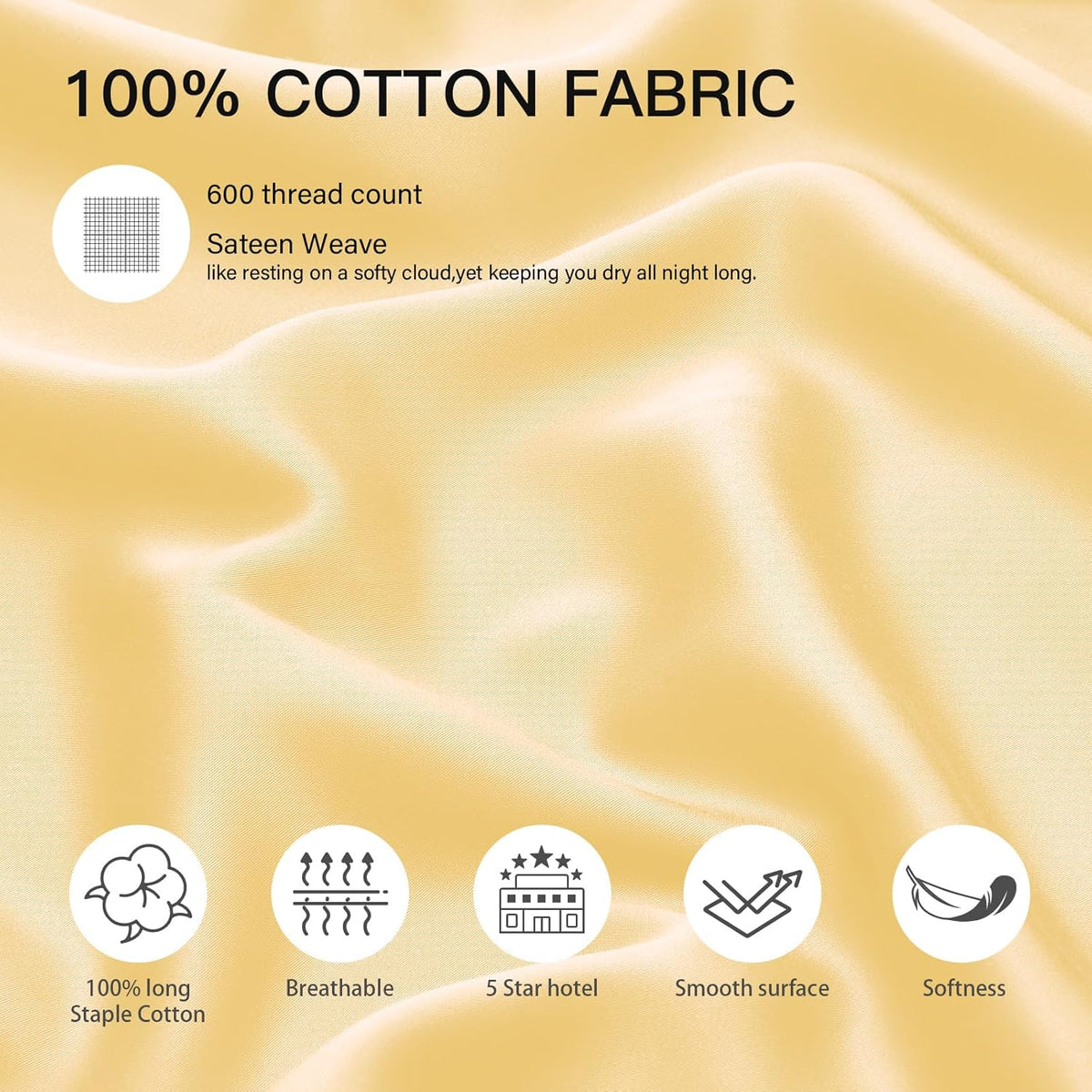 100% Cotton Standard Pillowcases Set of 2, 600 Thread Count Pillow Cases, 20x26 Inches, Super Soft and Breathable Envelope Closure (Mustard Yellow)