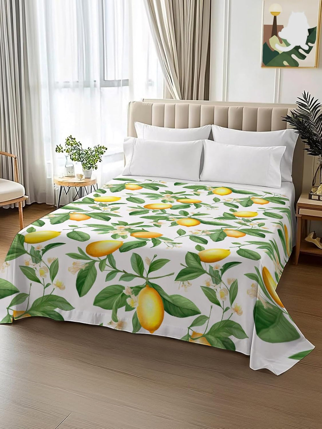 Flat Sheet, 1 Piece Top Sheet Twin Size Yellow Lemon Leaves Soft Breathable Bed Sheet White Floral Brushed Microfiber Bed Sheet, Wrinkle Resistant, Fade Resistant Bedding