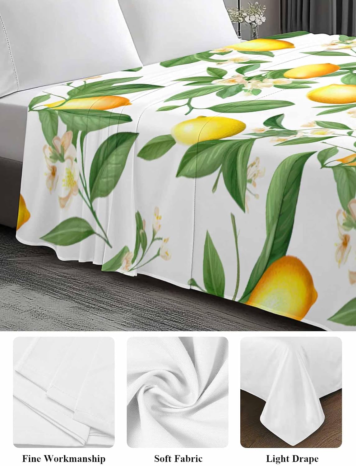 Flat Sheet, 1 Piece Top Sheet Twin Size Yellow Lemon Leaves Soft Breathable Bed Sheet White Floral Brushed Microfiber Bed Sheet, Wrinkle Resistant, Fade Resistant Bedding