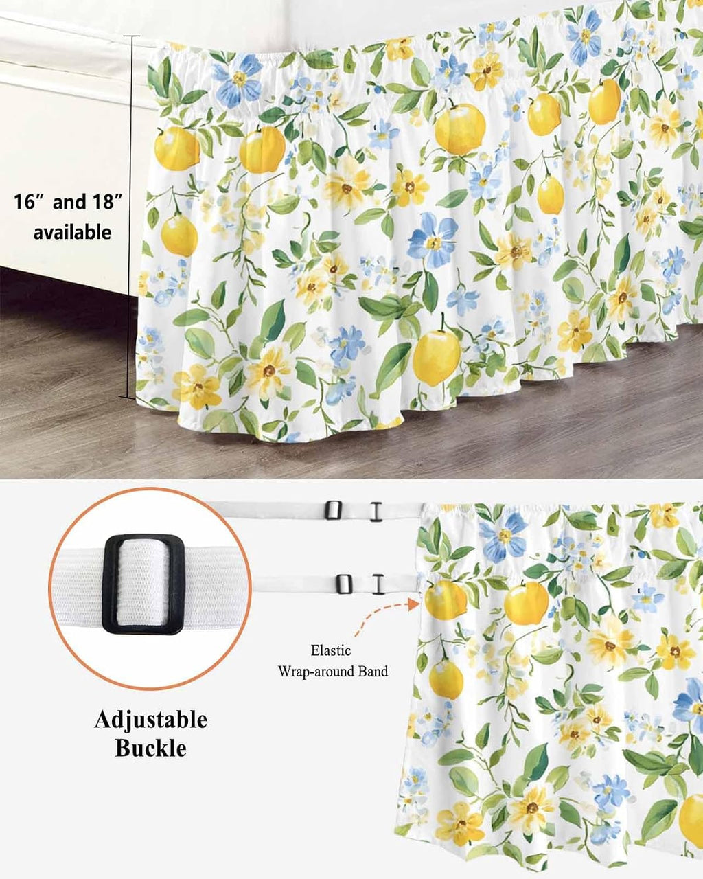 Bed Skirt Lemon Yellow Flowers Ruffle Bed Skirt Wrap Around Bed Skirts for Queen Beds 16" Drop,Adjustable Elastic Dust Ruffles Easy Fit and Wrinkle-Free