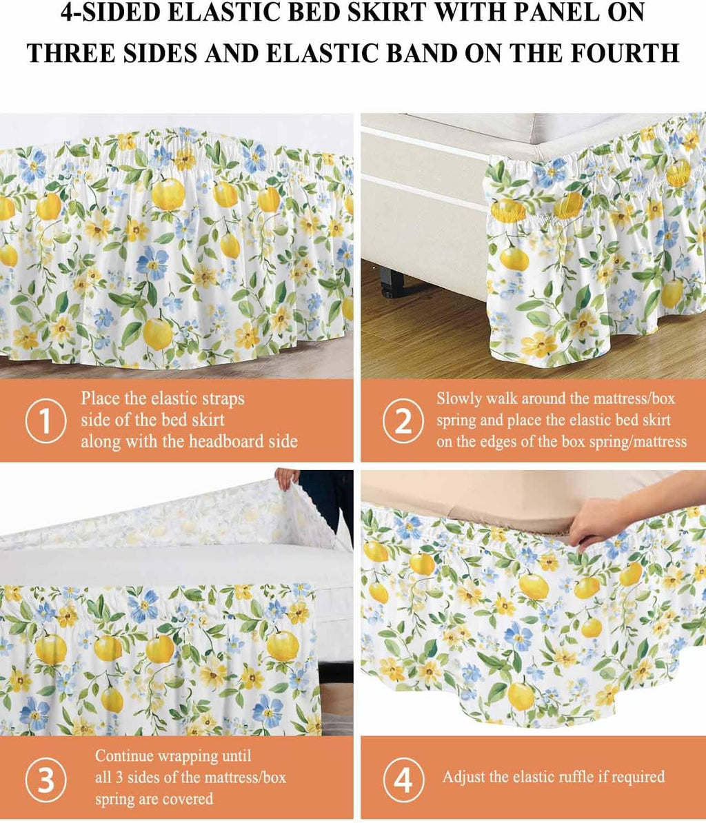 Bed Skirt Lemon Yellow Flowers Ruffle Bed Skirt Wrap Around Bed Skirts for Queen Beds 16" Drop,Adjustable Elastic Dust Ruffles Easy Fit and Wrinkle-Free