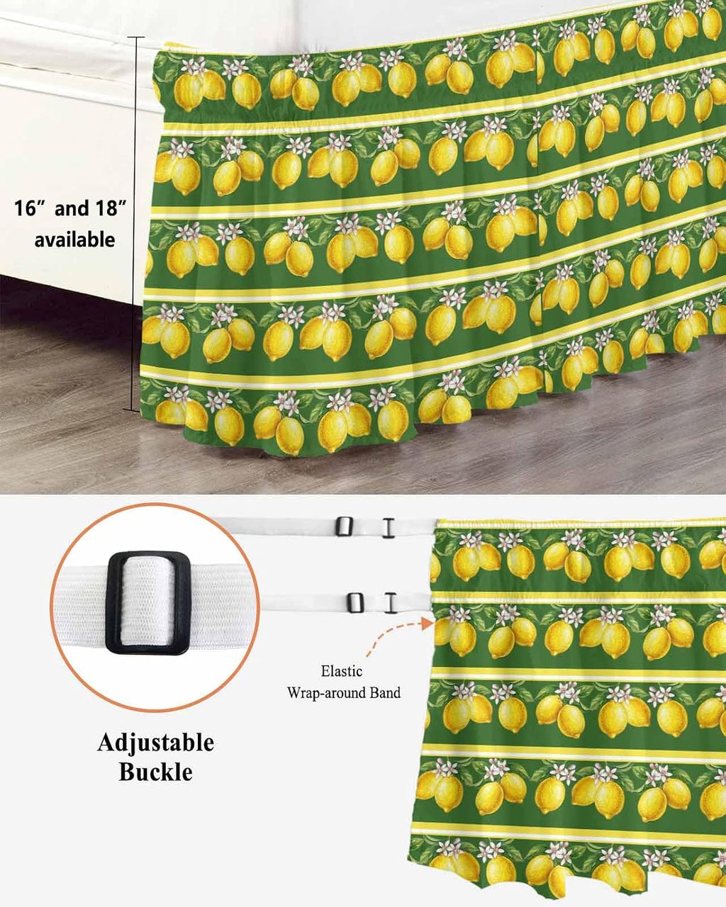Summer Lemons Bed Skirt Queen Size 16" Drop Yellow Fruit Leaf Striped Green Background Ruffled Wrap Around Bed Skirts Adjustable Elastic Bedskirt Dust Ruffle for Queen King California King Bed