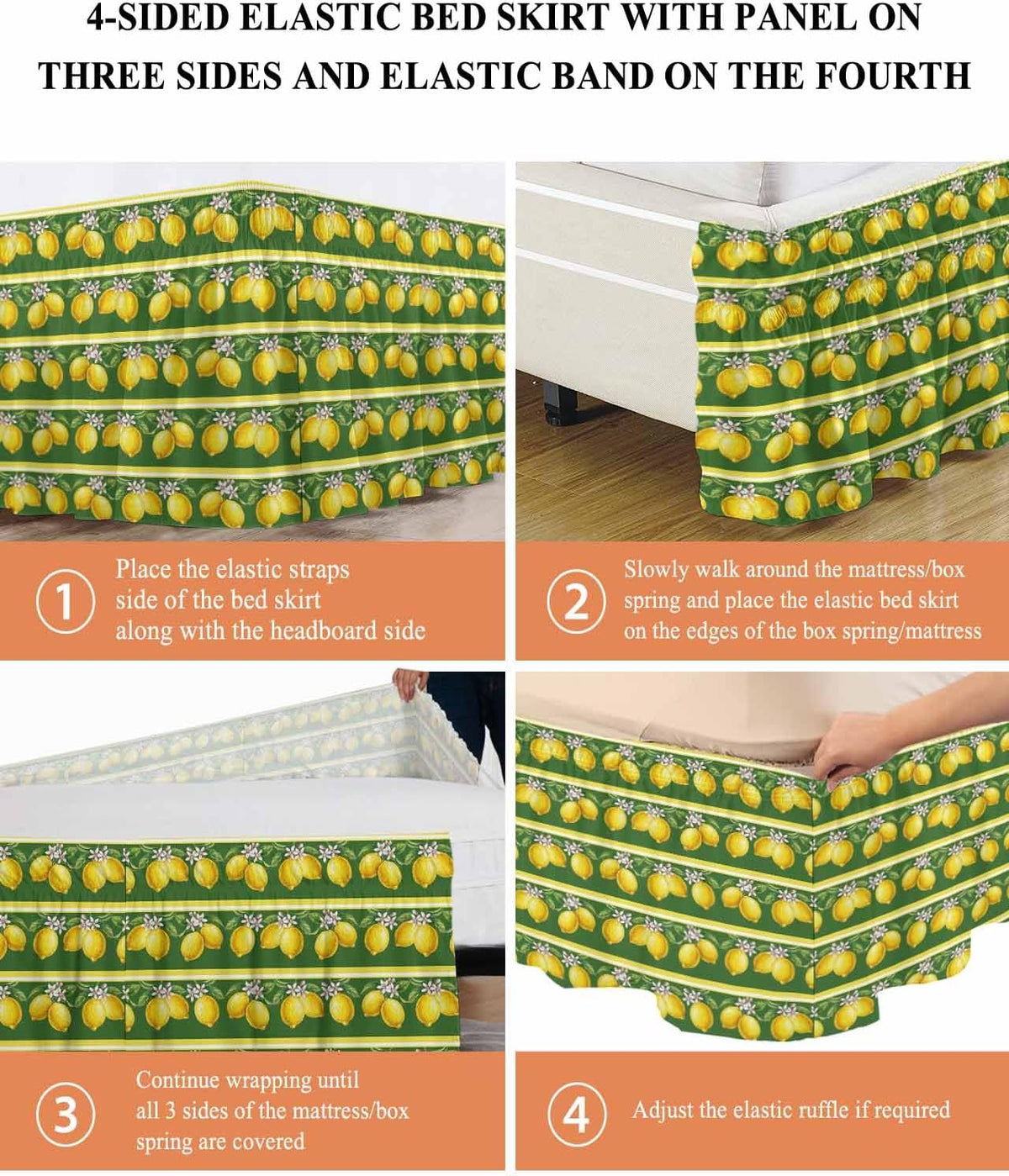 Summer Lemons Bed Skirt Queen Size 16" Drop Yellow Fruit Leaf Striped Green Background Ruffled Wrap Around Bed Skirts Adjustable Elastic Bedskirt Dust Ruffle for Queen King California King Bed