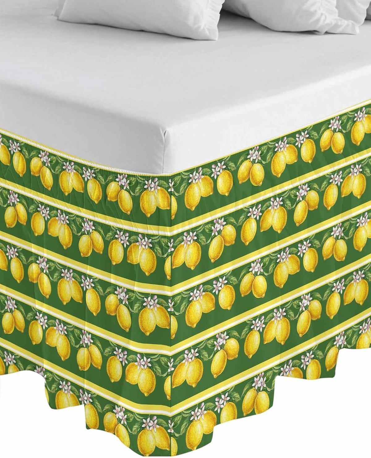 Summer Lemons Bed Skirt Queen Size 16" Drop Yellow Fruit Leaf Striped Green Background Ruffled Wrap Around Bed Skirts Adjustable Elastic Bedskirt Dust Ruffle for Queen King California King Bed