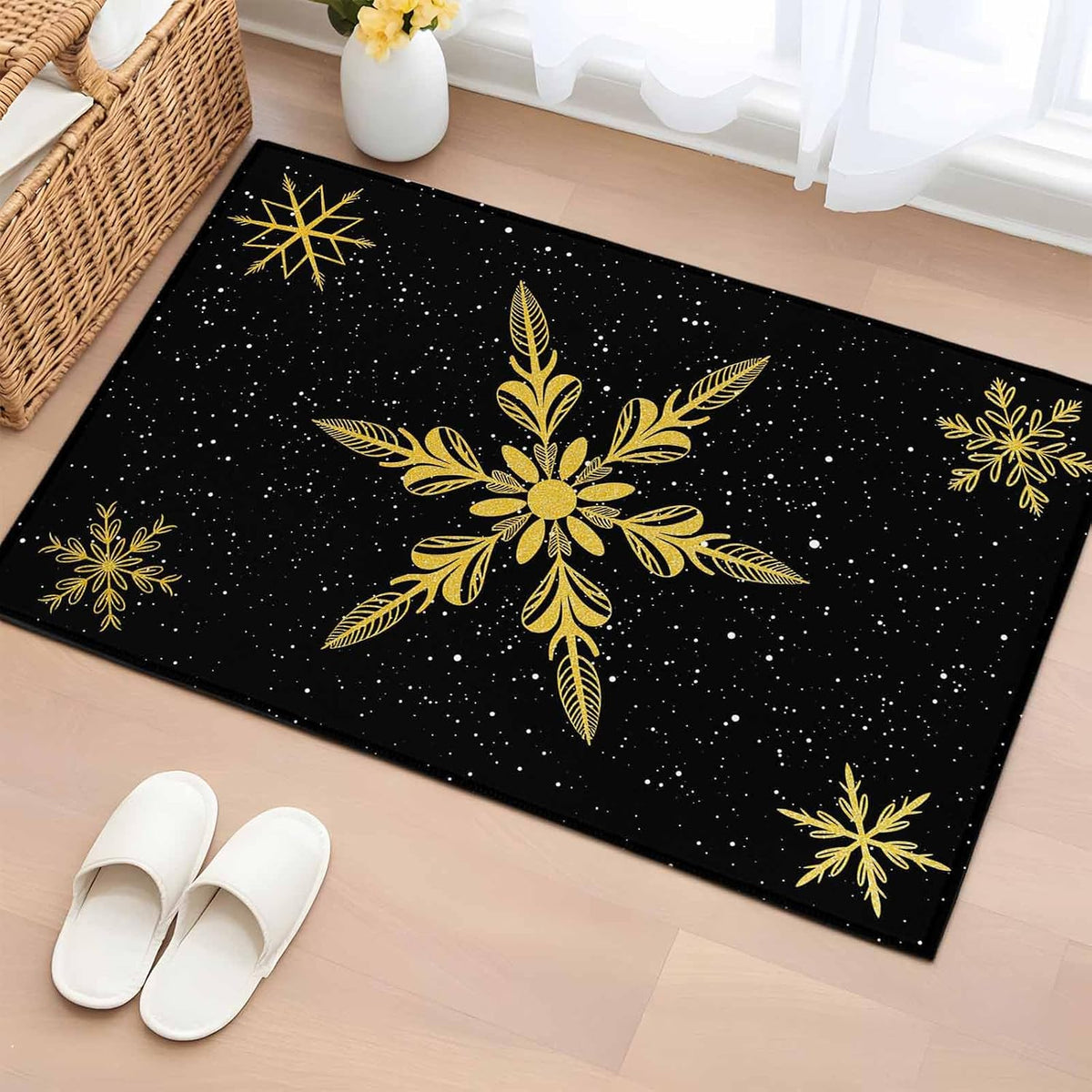 Yellow Christmas Snowflakes 2x3 Area Rugs for Living Room, Winter Snow Abstract Black Non Slip Floor Mat Washable Low-Profile Indoor Carpet for Bedroom, Dining Room, Bathroom