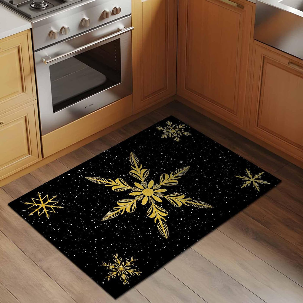 Yellow Christmas Snowflakes 2x3 Area Rugs for Living Room, Winter Snow Abstract Black Non Slip Floor Mat Washable Low-Profile Indoor Carpet for Bedroom, Dining Room, Bathroom