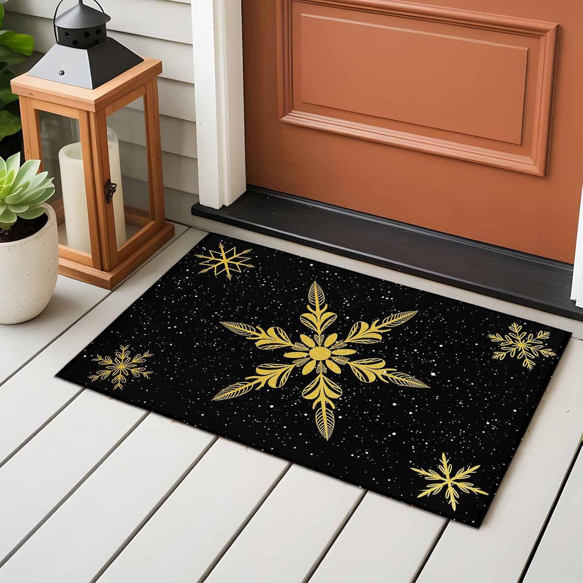 Yellow Christmas Snowflakes 2x3 Area Rugs for Living Room, Winter Snow Abstract Black Non Slip Floor Mat Washable Low-Profile Indoor Carpet for Bedroom, Dining Room, Bathroom