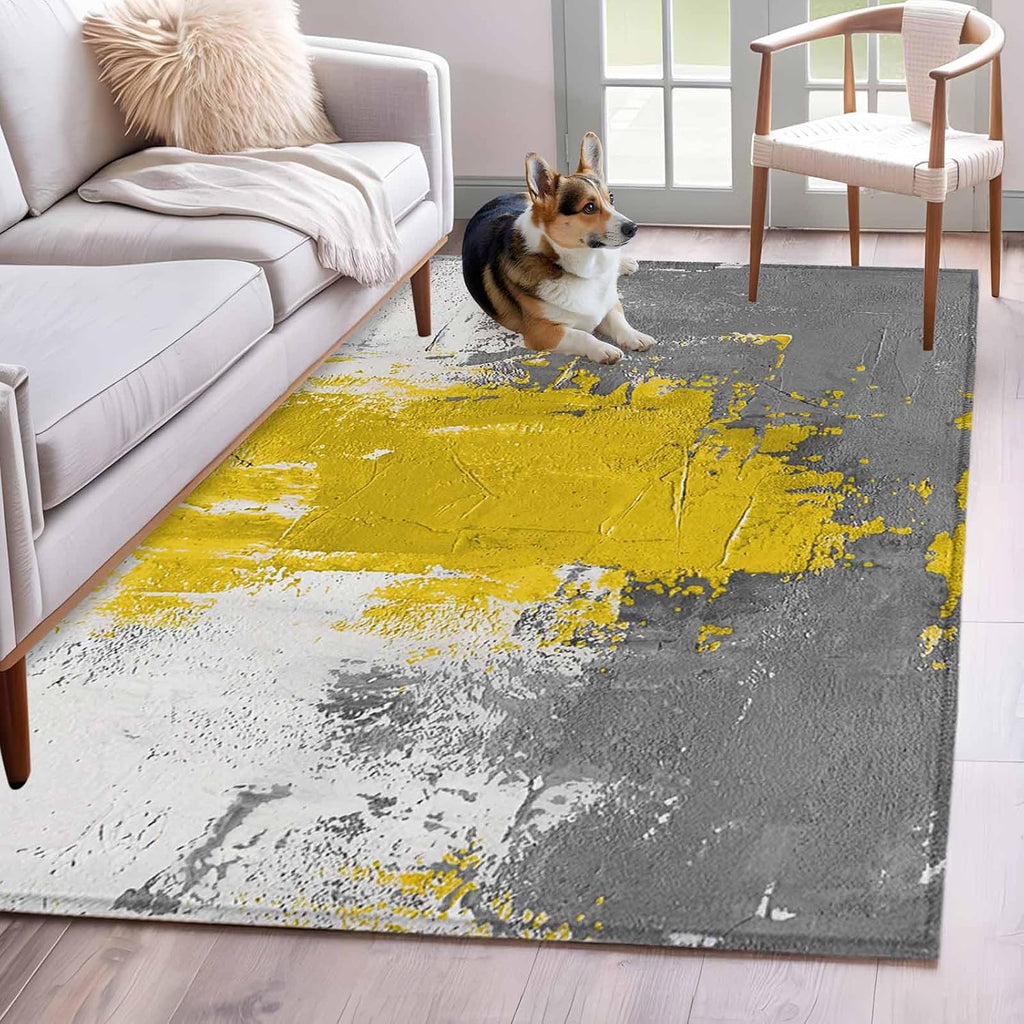 4x6ft Abstract Art Area Rug Non Slip Soft Washable Yellow Grey Wall Mottled Texture Minimalist Modern Rectangle Area Rugs Low Pile Indoor Carpet Mat for Bedroom Living Room Dining Entryway