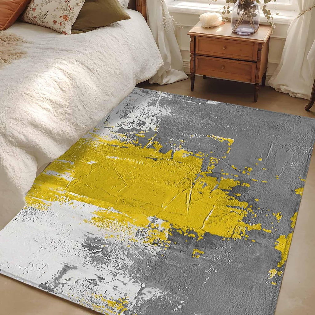 4x6ft Abstract Art Area Rug Non Slip Soft Washable Yellow Grey Wall Mottled Texture Minimalist Modern Rectangle Area Rugs Low Pile Indoor Carpet Mat for Bedroom Living Room Dining Entryway