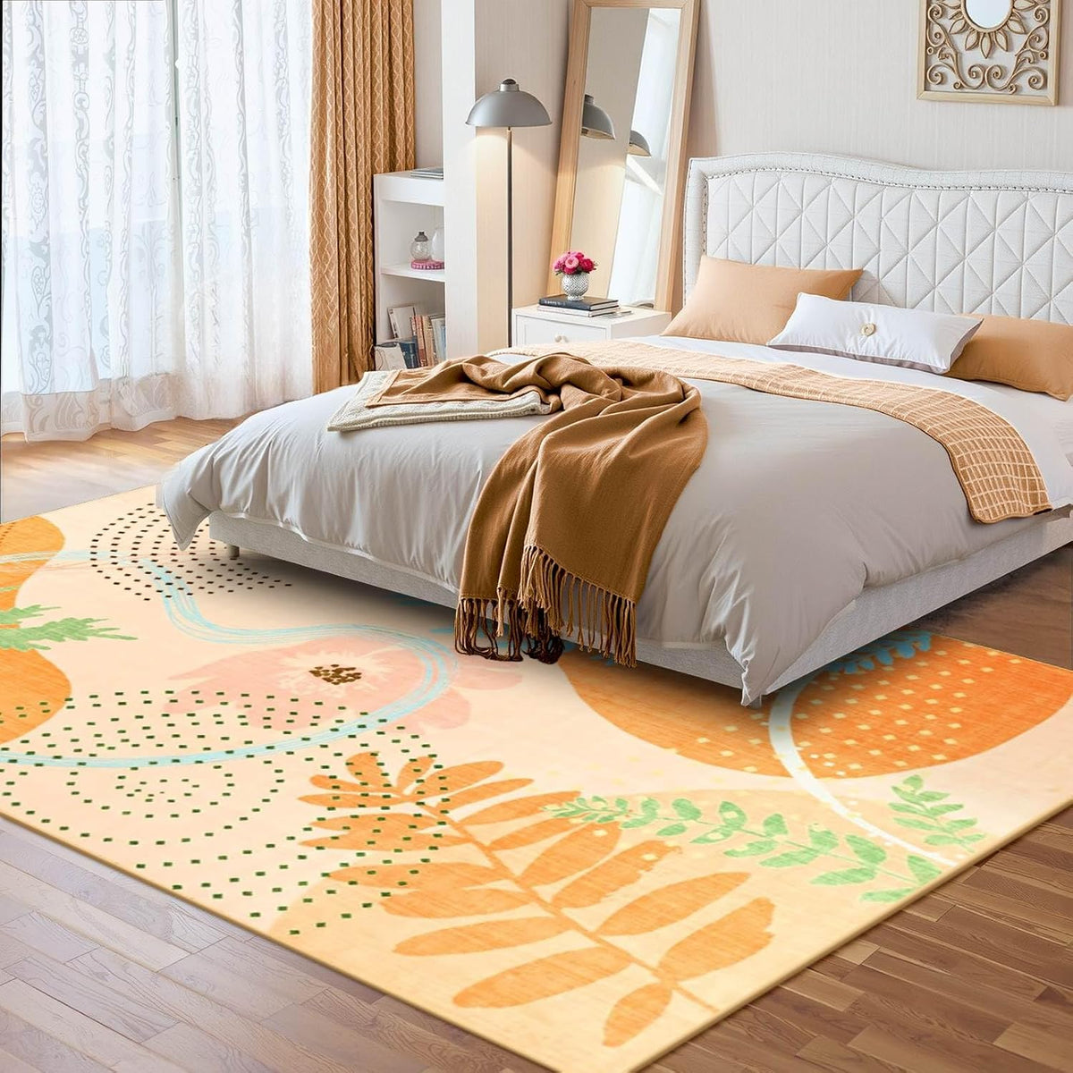 Faux Wool Boho Floral Area Rug 4x6, Modern Yellow Abstract Print Soft Carpet, TPR Non-Slip Backing, Machine Washable Low Pile Rug for Bedroom, Living Room, Kids Room, Playroom, Office