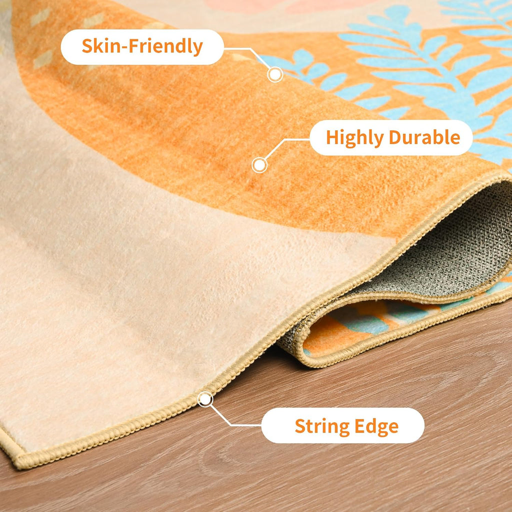 Faux Wool Boho Floral Area Rug 4x6, Modern Yellow Abstract Print Soft Carpet, TPR Non-Slip Backing, Machine Washable Low Pile Rug for Bedroom, Living Room, Kids Room, Playroom, Office