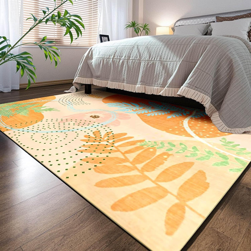Faux Wool Boho Floral Area Rug 4x6, Modern Yellow Abstract Print Soft Carpet, TPR Non-Slip Backing, Machine Washable Low Pile Rug for Bedroom, Living Room, Kids Room, Playroom, Office