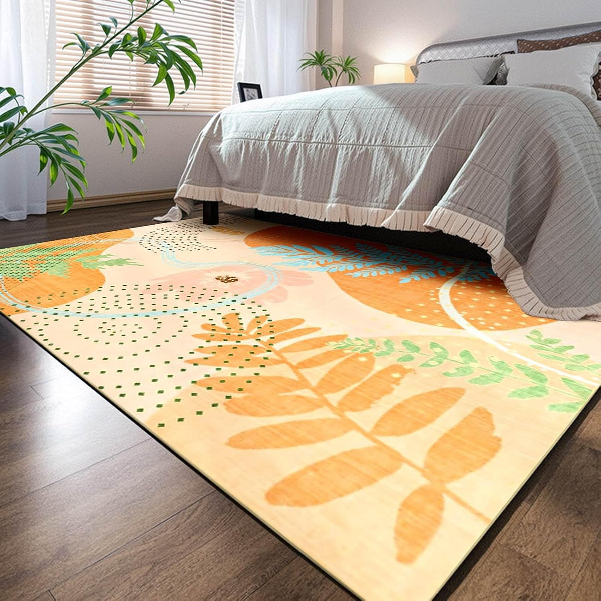 Faux Wool Boho Floral Area Rug 4x6, Modern Yellow Abstract Print Soft Carpet, TPR Non-Slip Backing, Machine Washable Low Pile Rug for Bedroom, Living Room, Kids Room, Playroom, Office