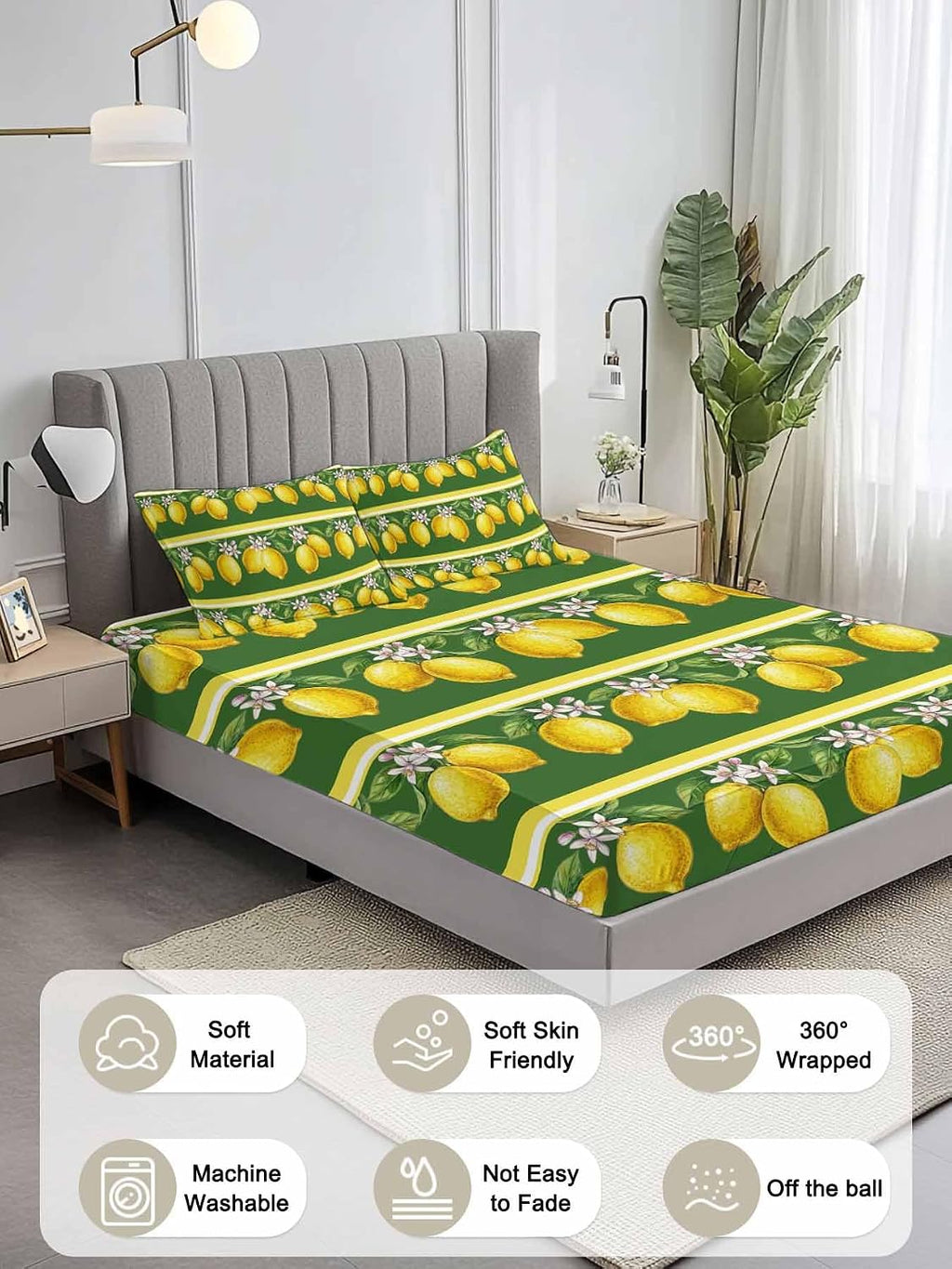 3 Pieces Twin Fitted Sheet Set, Summer Lemons Green Leaves Deep Pocket Up to 16", Yellow Striped Soft Elastic Bed Sheets and Pillow Cases Secure Fit