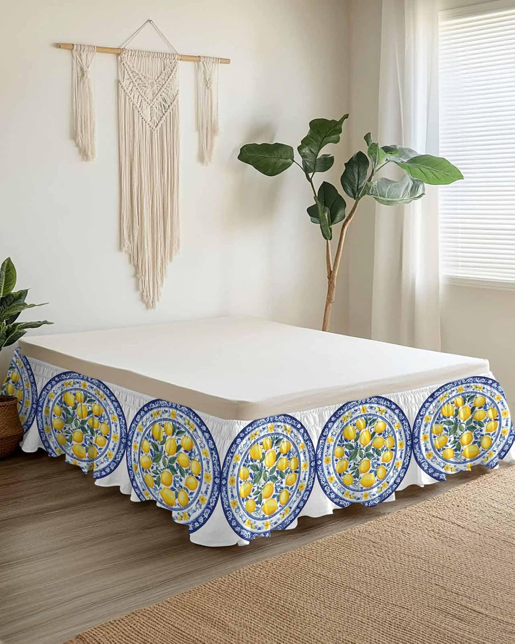 Bed Skirt Yellow Lemons Navy Blue Floral Texture Ruffle Bed Skirt Wrap Around Bed Skirts for Queen Beds 16" Drop,Adjustable Elastic Dust Ruffles Easy Fit and Wrinkle-Free